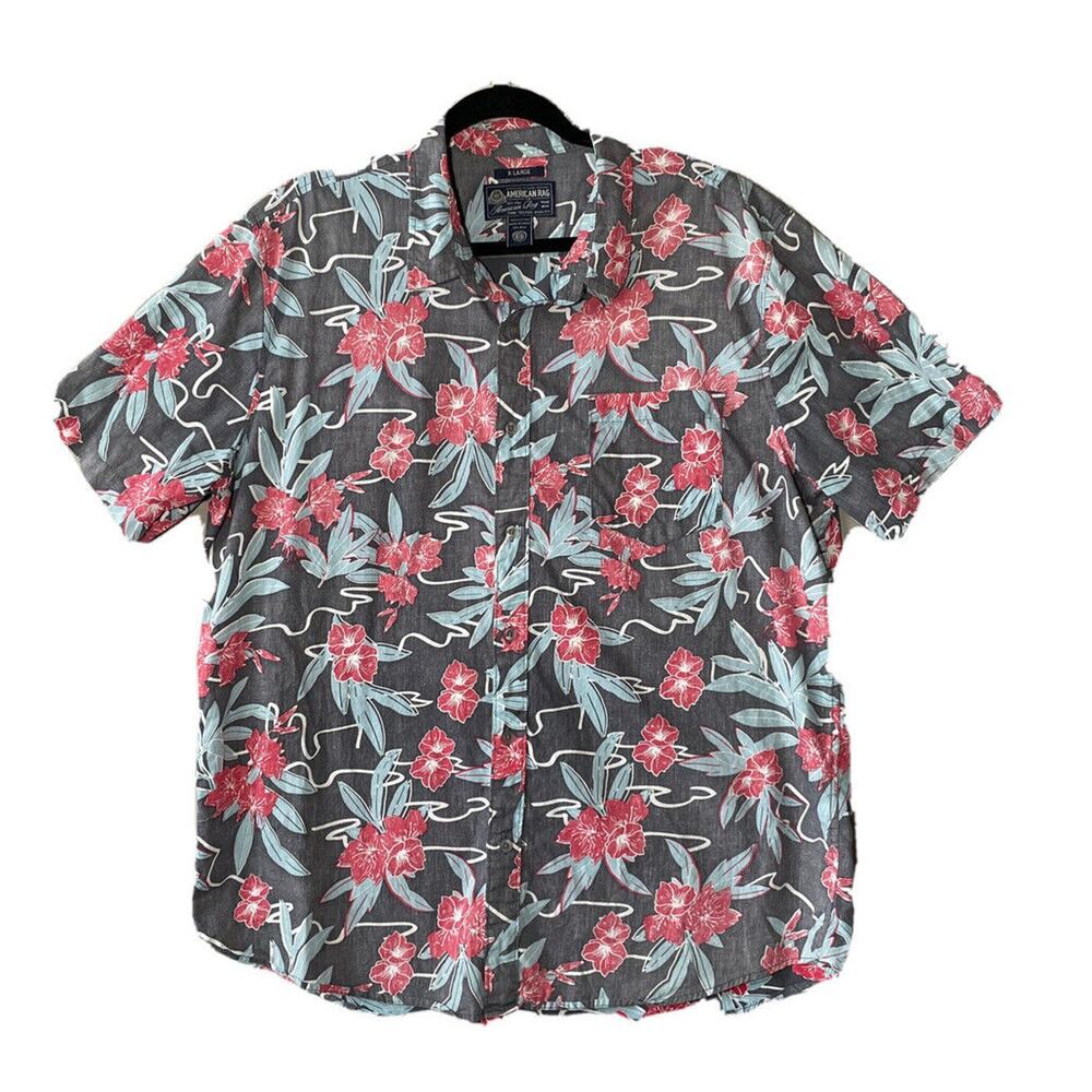 American Rag Mens XL Gray Coral Floral Hawaiian Rev Print Button Up Short Sleeve